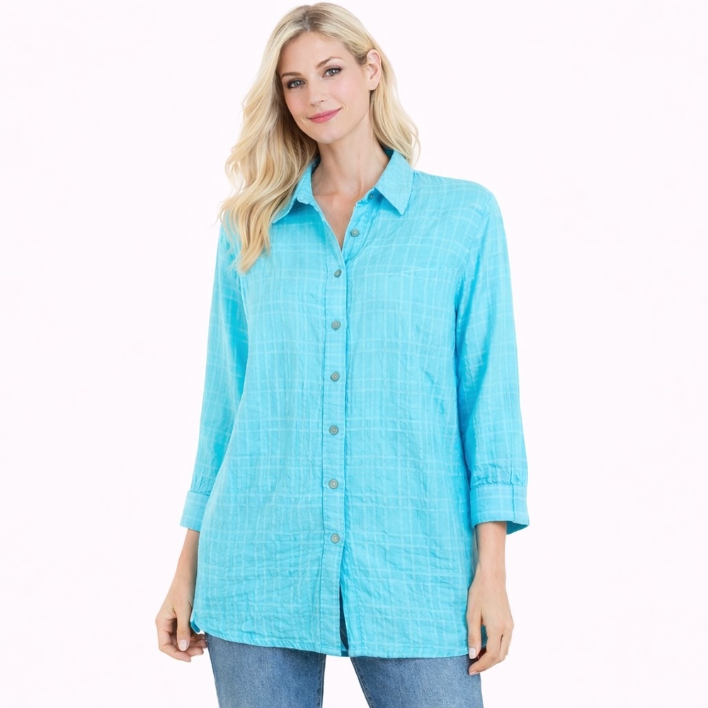 Coldwater Creek Lightweight Cotton Blend Woven Shirt Tunic Blue Green Size M